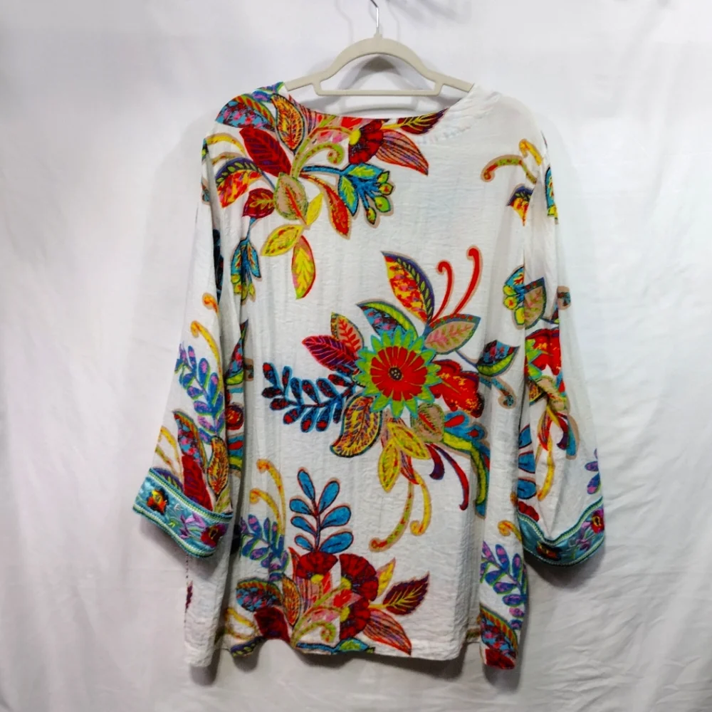 John Mark Floral Tunic Women's XL Embroidery Boho Festival Art to Wear Vacation - Picture 9 of 11